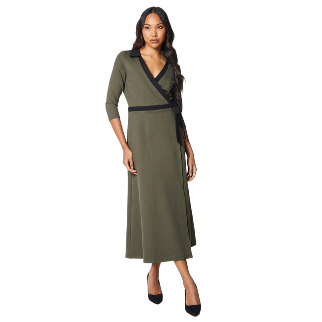 Khaki Green - Front - Principles Womens-Ladies Contrast Ponte Wrap Dress