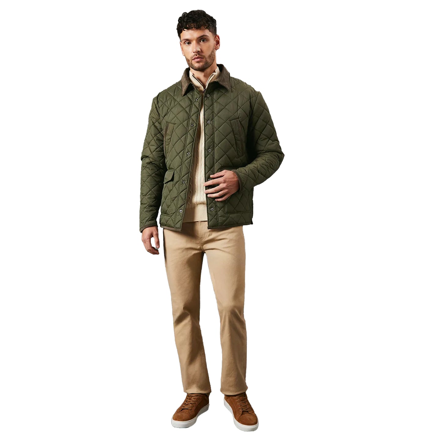 Khaki Green - Side - Maine Mens Quilted Cord Collar Padded Jacket