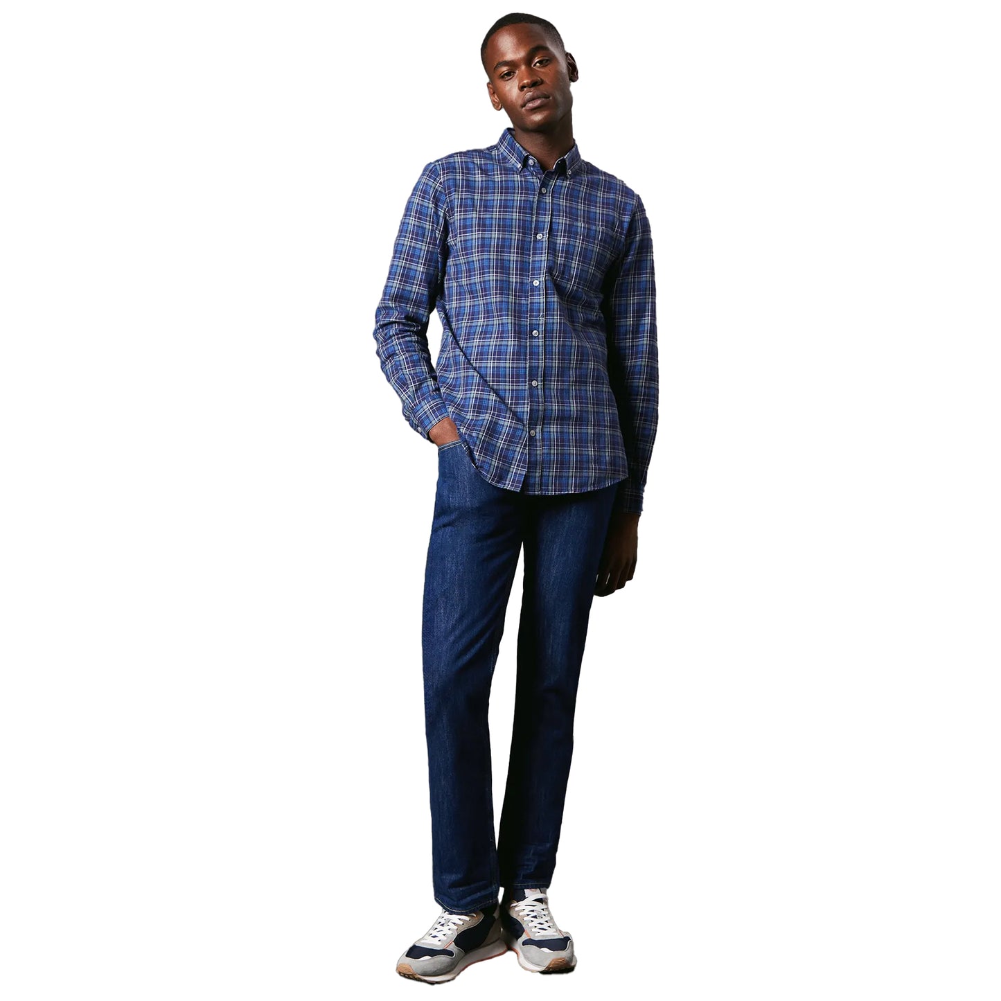 Navy - Side - Maine Mens Windowpane Check Brushed Long-Sleeved Shirt