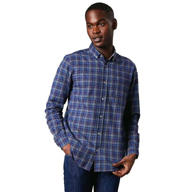 Navy - Front - Maine Mens Windowpane Check Brushed Long-Sleeved Shirt