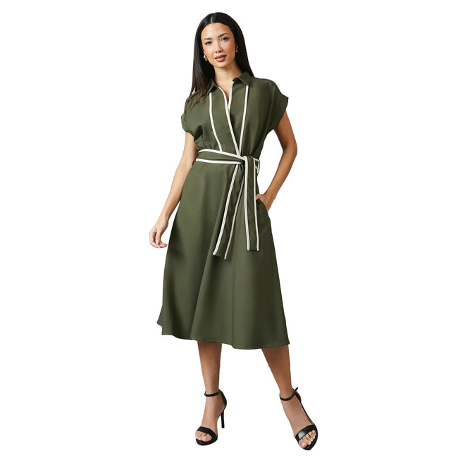Khaki Green - Side - Principles Womens-Ladies Contrast Detail Collared Midi Dress