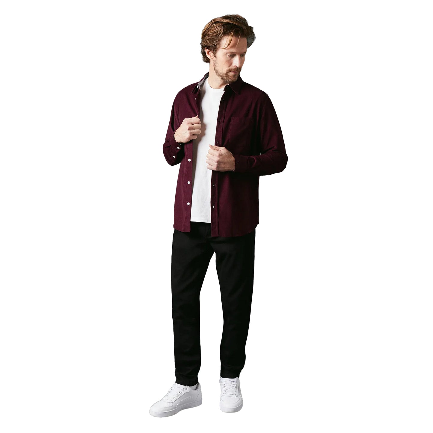 Burgundy - Pack Shot - Maine Mens Corduroy Long-Sleeved Shirt