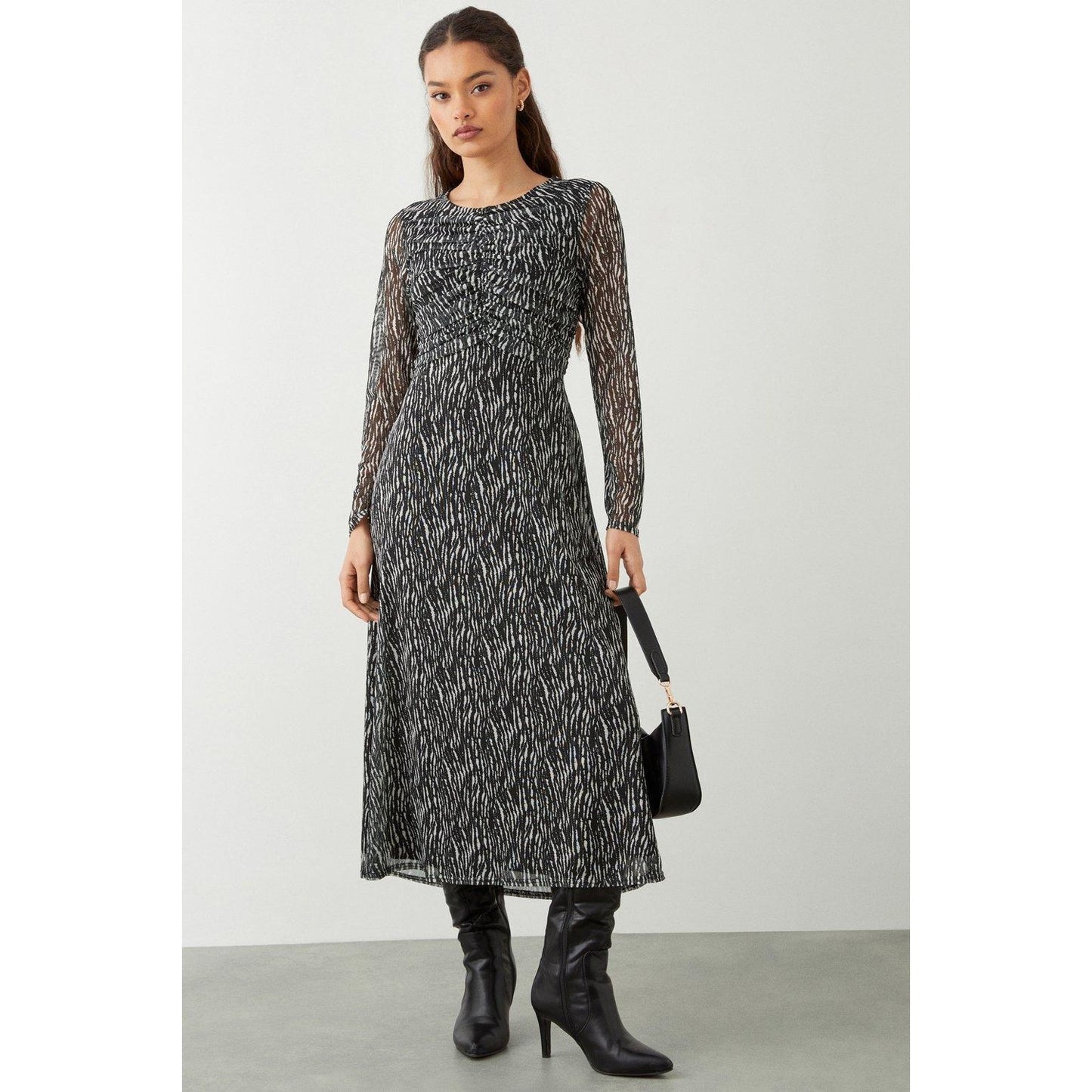 Black-White - Front - Dorothy Perkins Womens-Ladies Mesh Ruched Petite Midi Dress