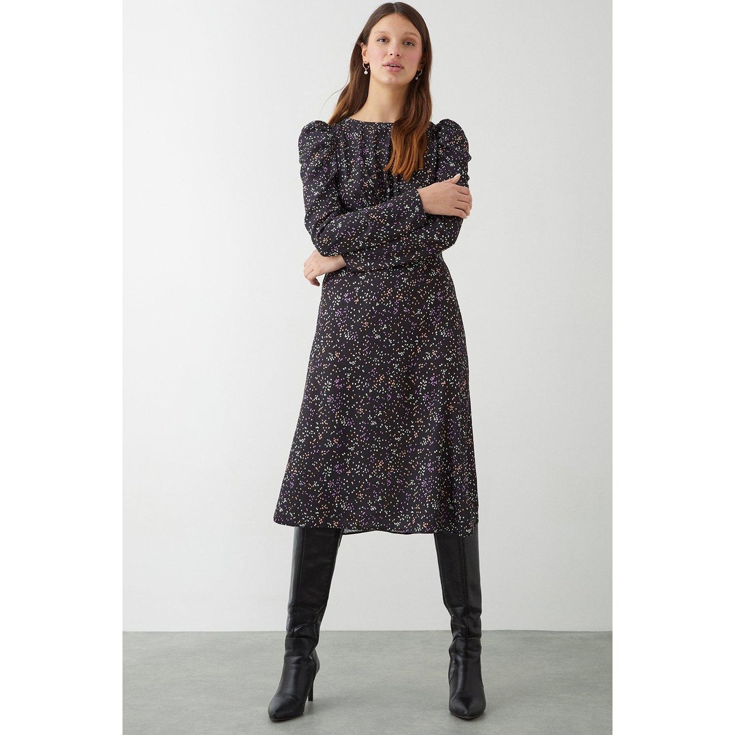 Black - Front - Dorothy Perkins Womens-Ladies Spotted Empire Long-Sleeved Midi Dress