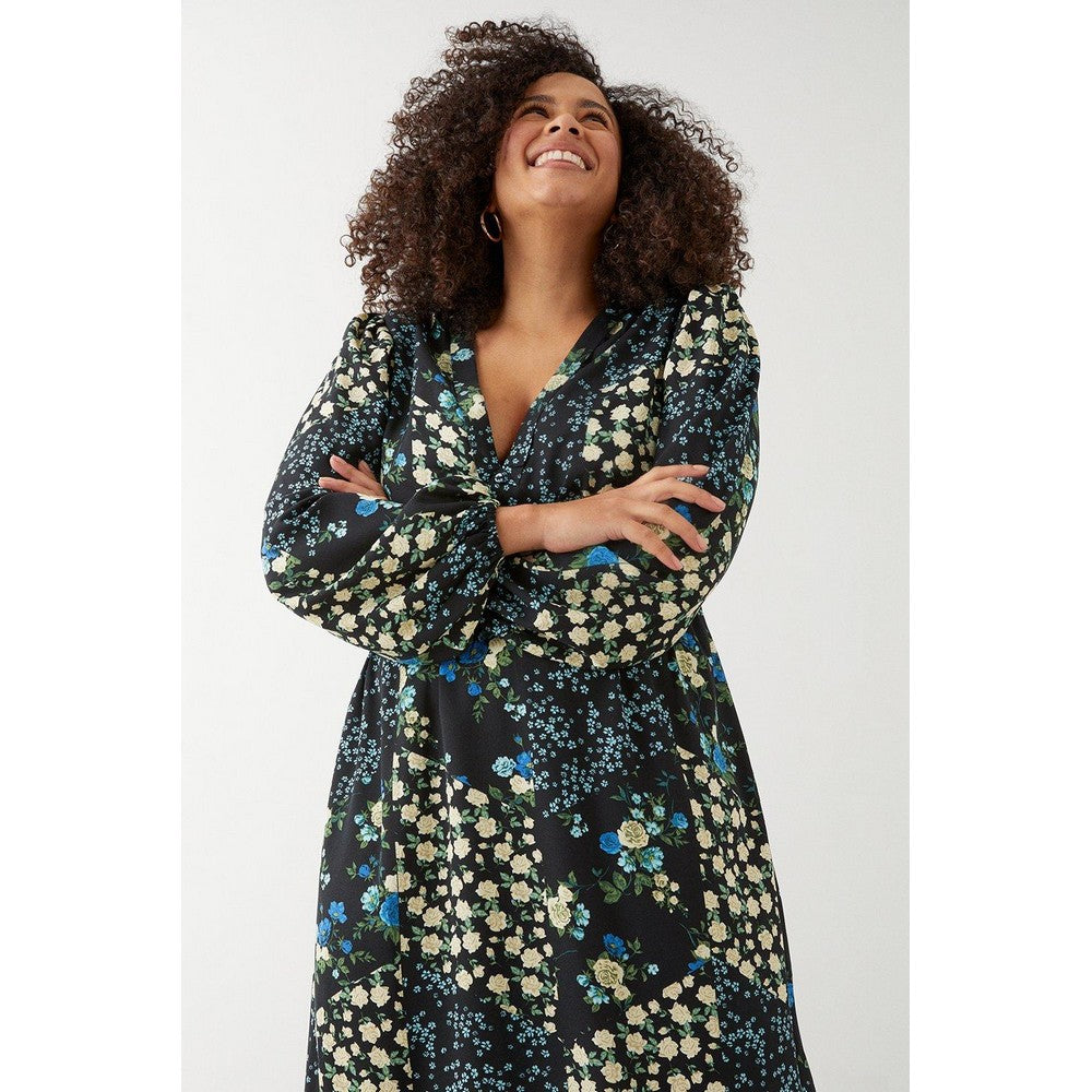 Black-Blue - Pack Shot - Dorothy Perkins Womens-Ladies Floral Button Front Plus Empire Midi Dress