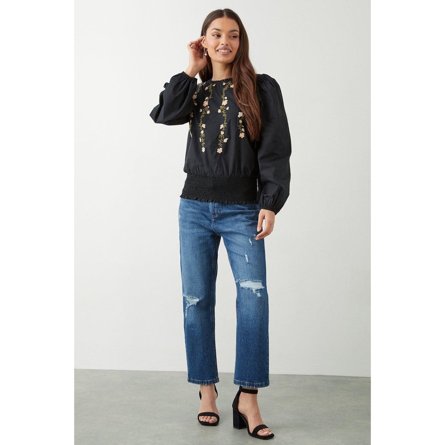 Black - Lifestyle - Dorothy Perkins Womens-Ladies Embroidered Shirred Hem Petite Blouse