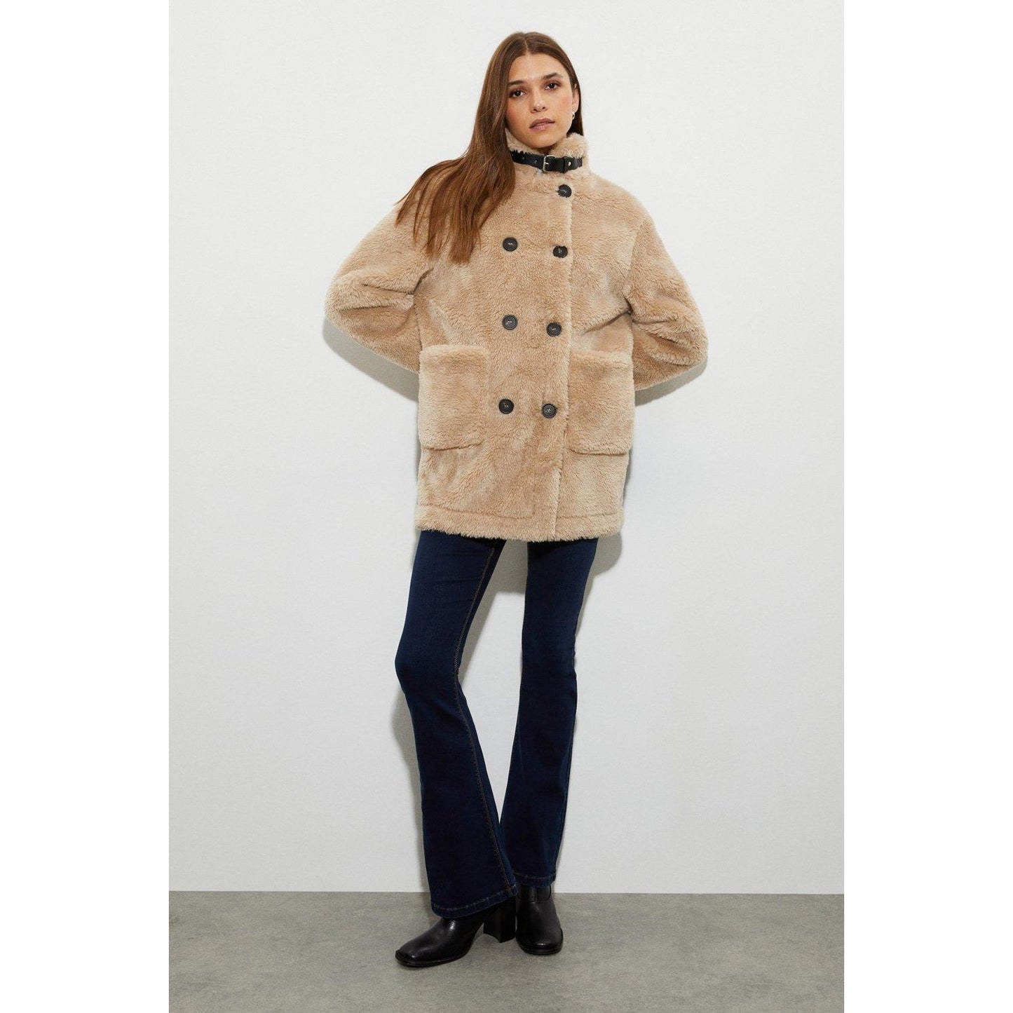 Oatmeal - Close up - Dorothy Perkins Womens-Ladies Faux Fur Double-Breasted Coat