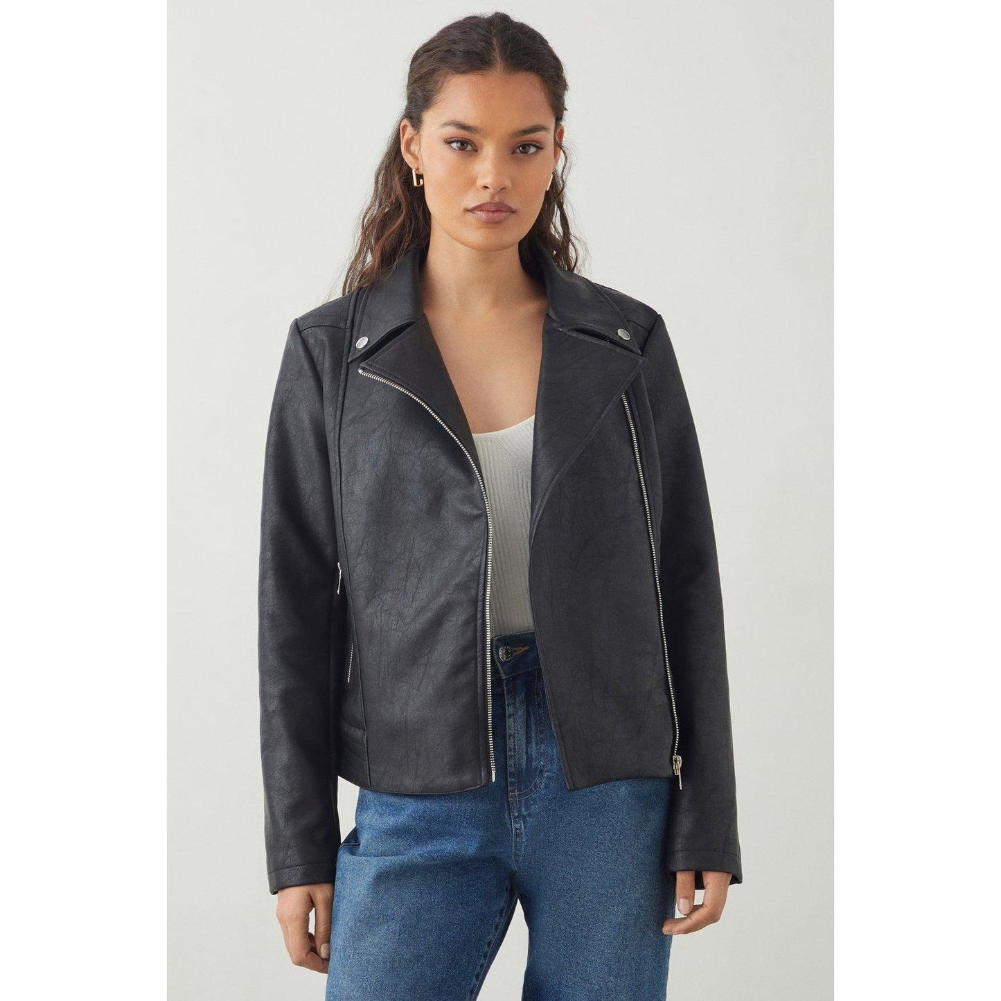 Black - Pack Shot - Dorothy Perkins Womens-Ladies Faux Leather Petite Biker Jacket