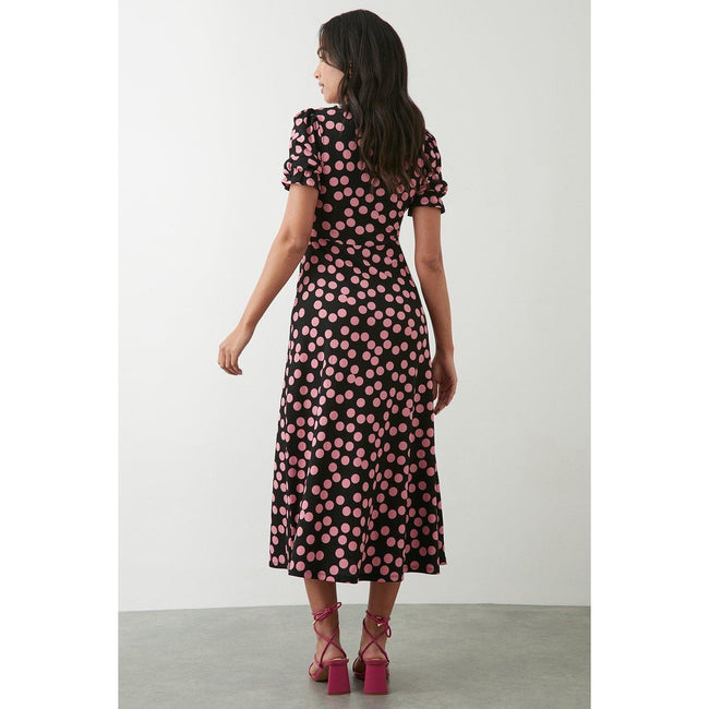 Black - Back - Dorothy Perkins Womens-Ladies Spotted V Neck Short-Sleeved Midi Dress