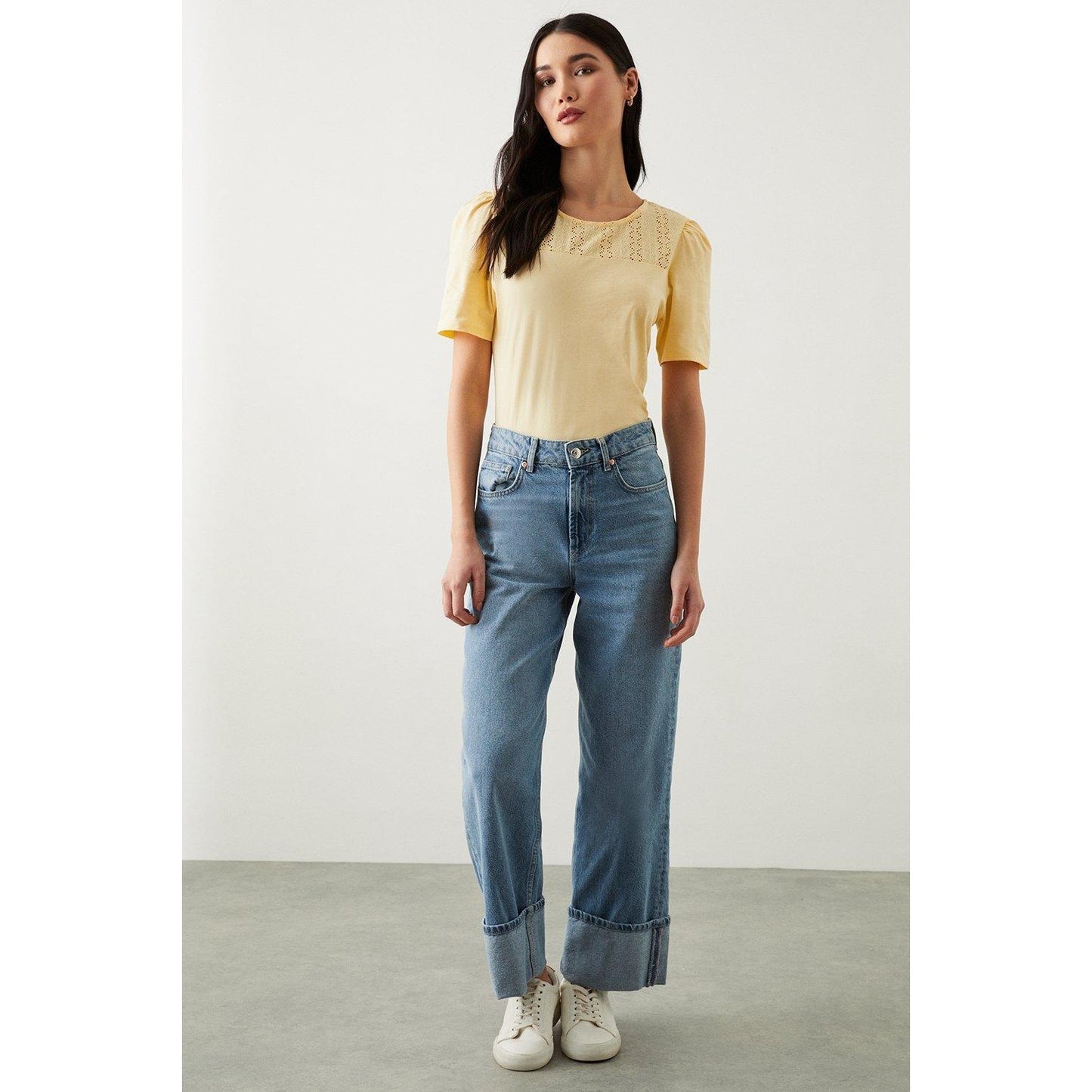 Yellow - Pack Shot - Dorothy Perkins Womens-Ladies Broderie Yoke Detail Top
