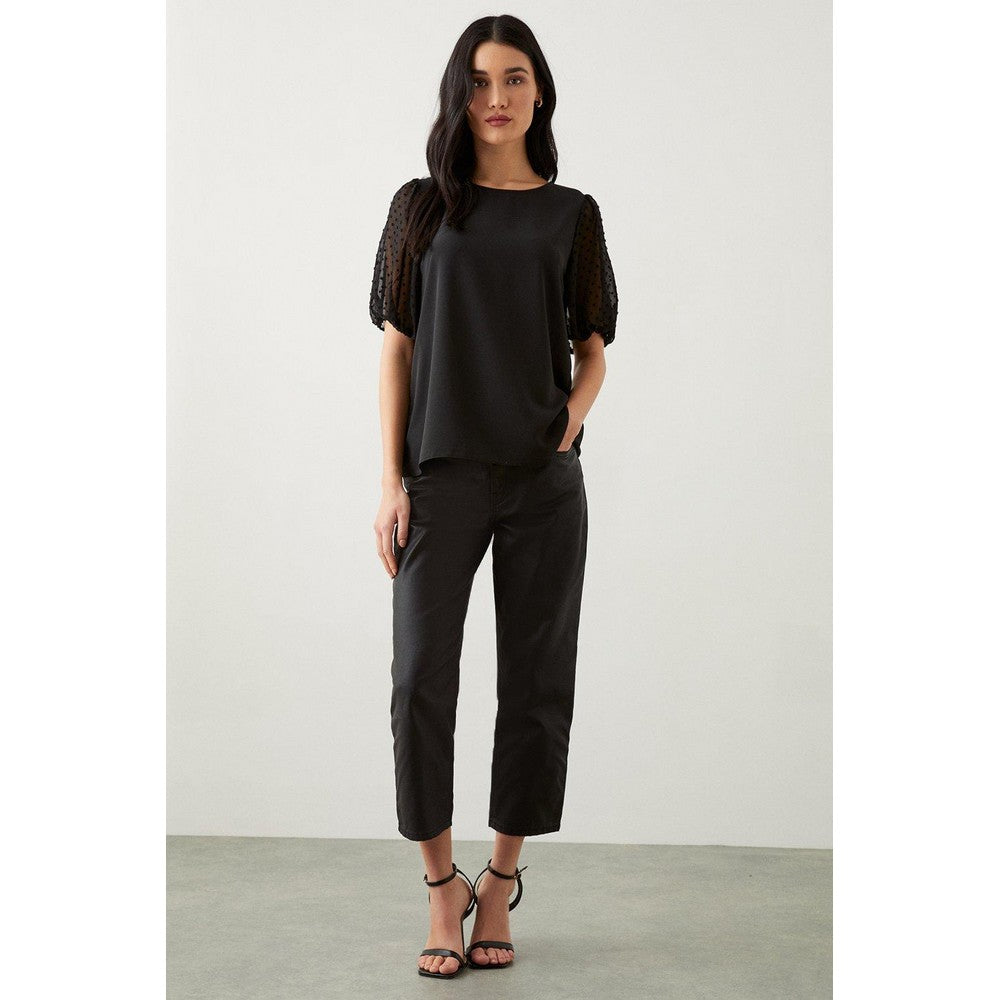 Black - Side - Dorothy Perkins Womens-Ladies Dobby Spotted Chiffon Contrast Sleeves Blouse