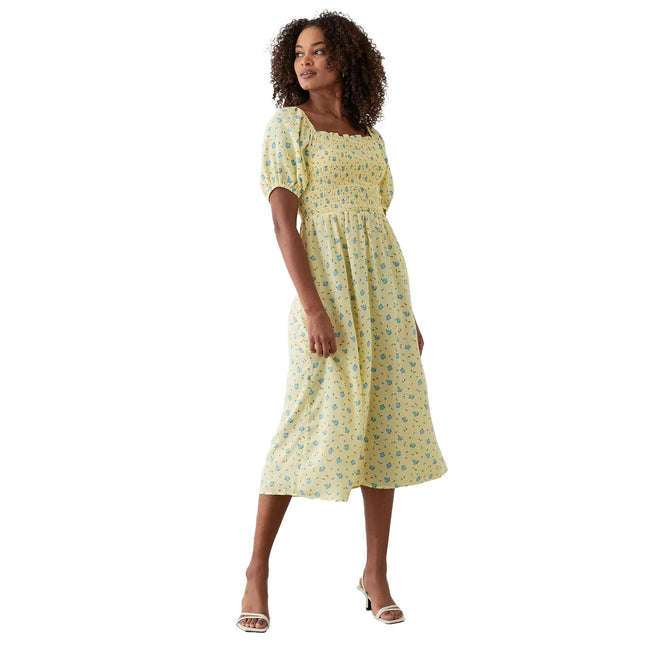 Yellow - Front - Dorothy Perkins Womens-Ladies Ditsy Print Shirred Midi Dress