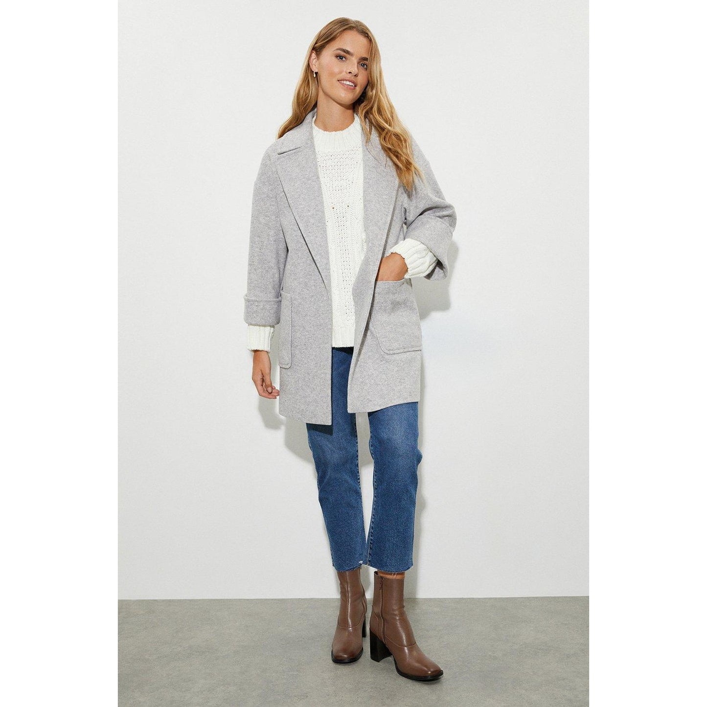 Grey Marl - Close up - Dorothy Perkins Womens-Ladies Edge To Edge Relaxed Fit Coat