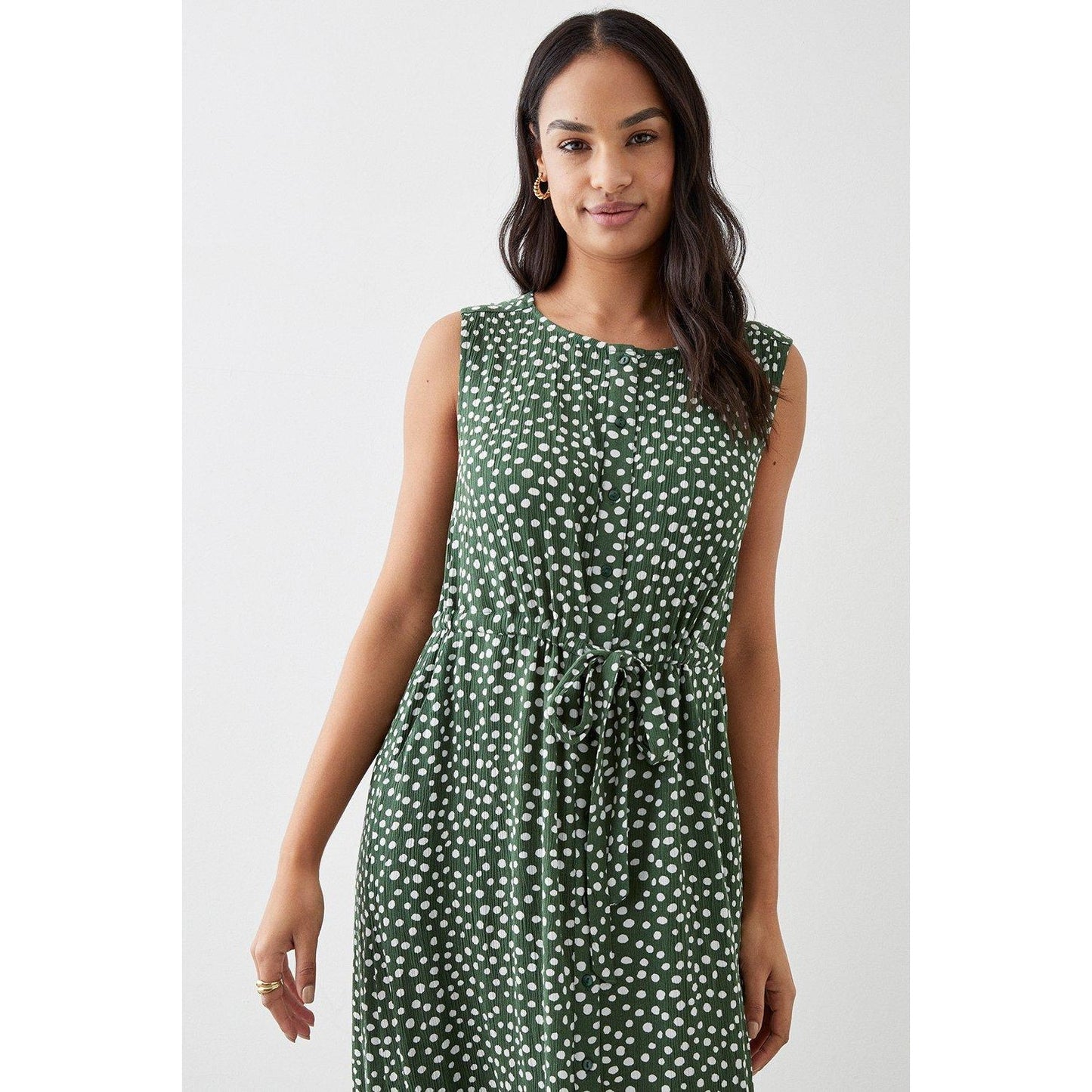 Khaki - Side - Dorothy Perkins Womens-Ladies Spotted Midi Sleeveless Shirt Dress