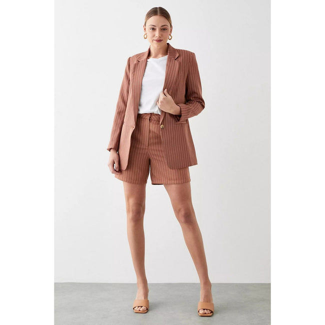 Tan - Side - Dorothy Perkins Womens-Ladies Stripe Single-Breasted Tall Blazer