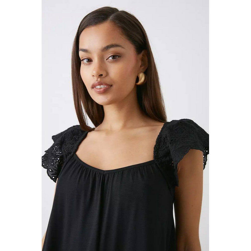 Black - Side - Dorothy Perkins Womens-Ladies Petite Broderie Sleeve Mini Dress