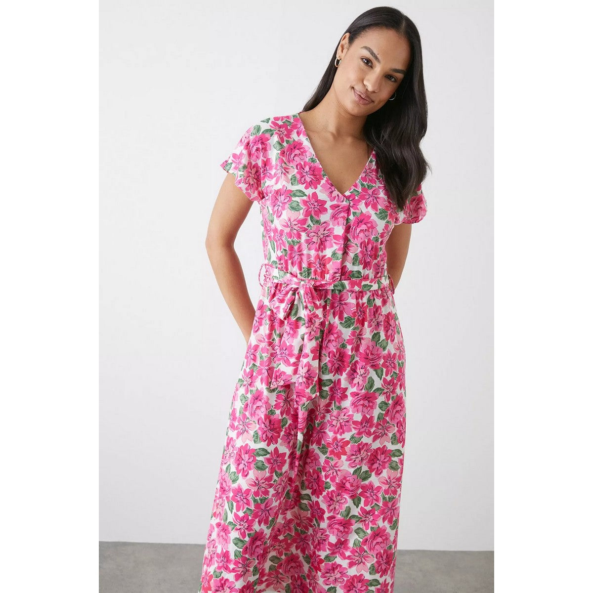 Pink - Side - Dorothy Perkins Womens-Ladies Floral Belt Midi Dress