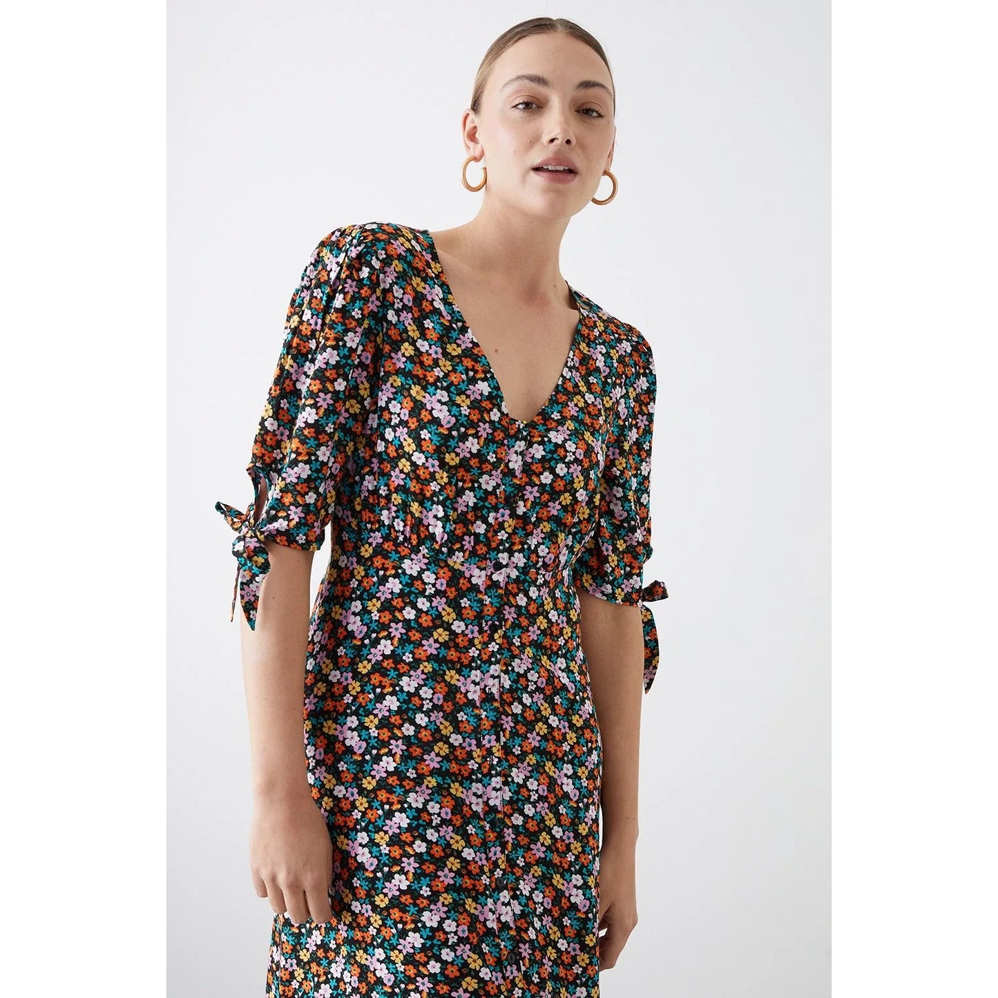 Multicoloured - Side - Dorothy Perkins Womens-Ladies Ditsy Print Tall Tie Sleeves Midi Dress