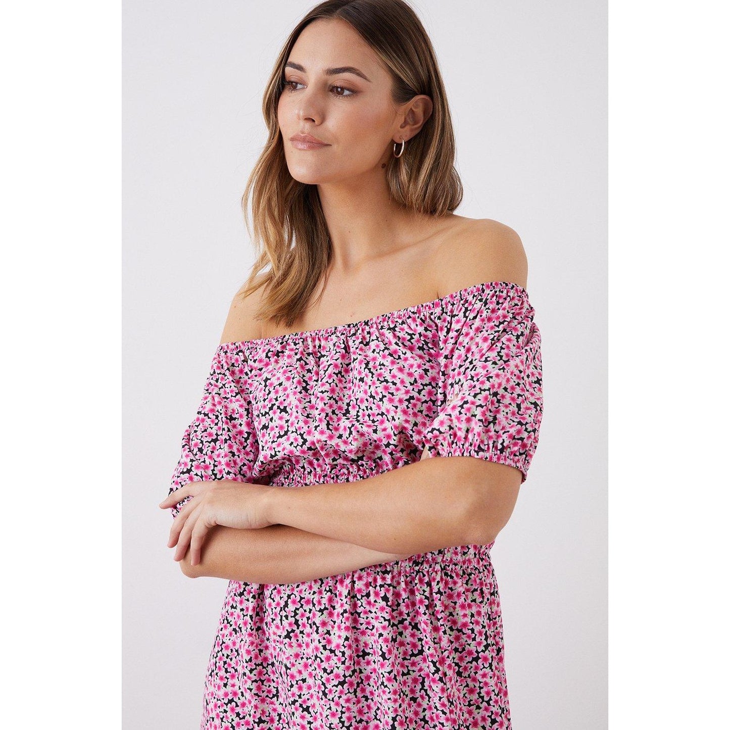 Pink - Side - Dorothy Perkins Womens-Ladies Ditsy Print Bardot Tall Midi Dress