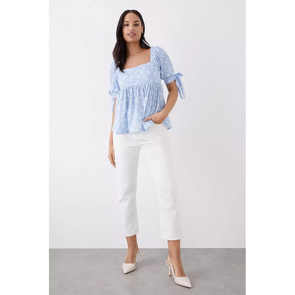 Blue - Side - Dorothy Perkins Womens-Ladies Square Neck Tie Sleeves Top