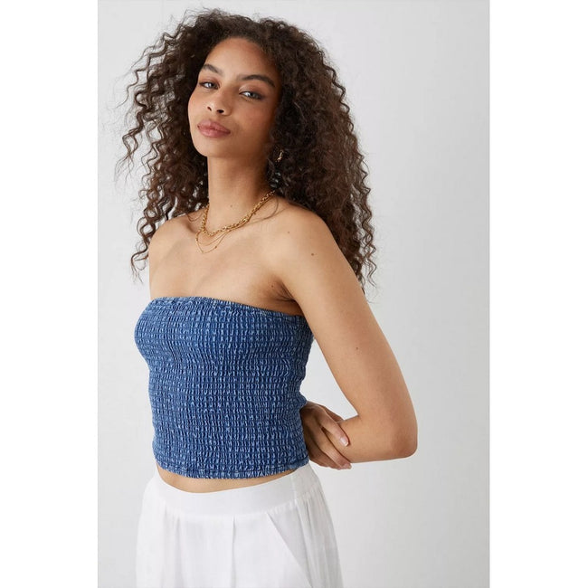 Mid Wash - Side - Dorothy Perkins Womens-Ladies Shirred Denim Bandeau Top