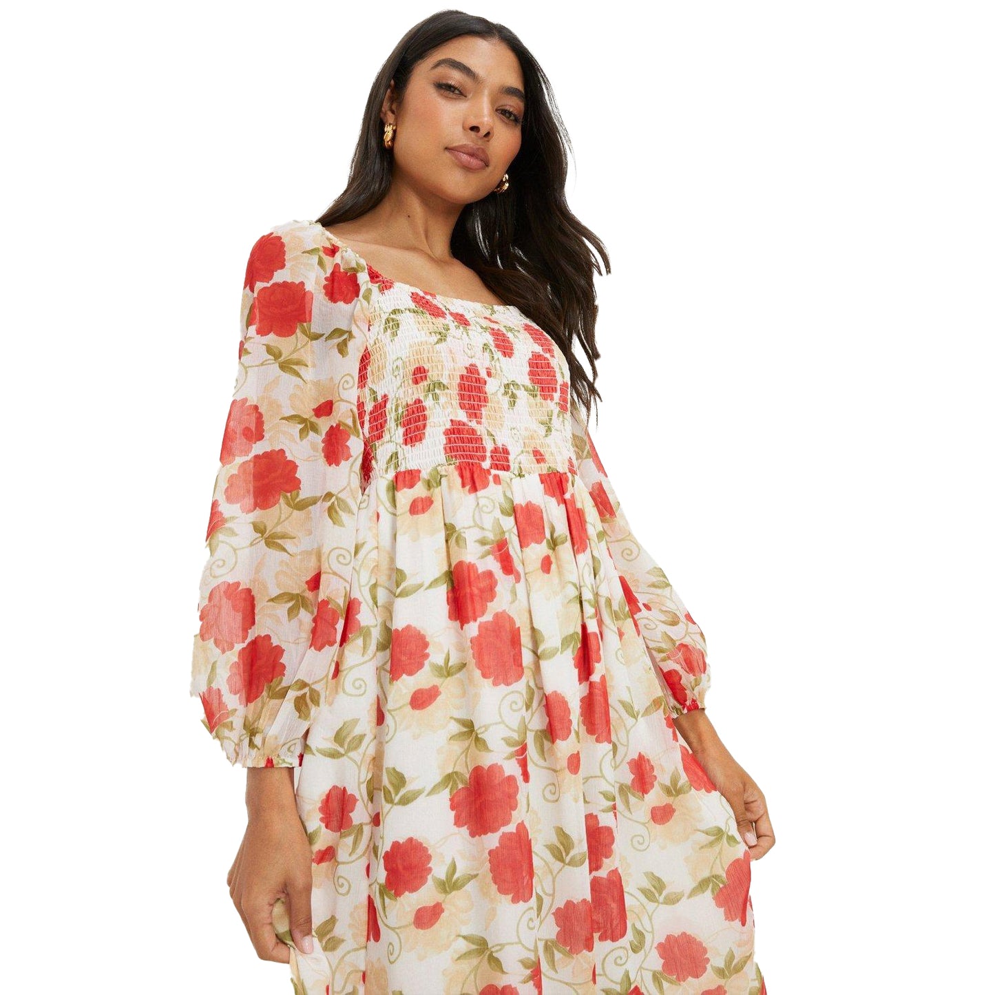 Red - Side - Dorothy Perkins Womens-Ladies Floral Chiffon Shirred Midi Dress