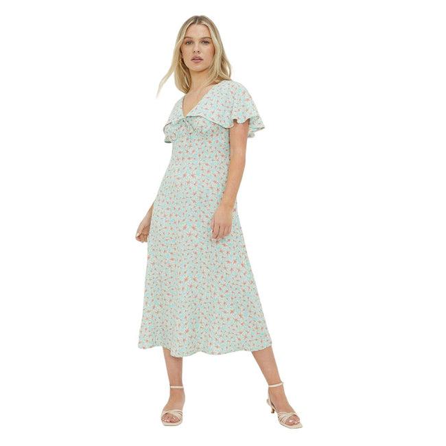 Aqua - Front - Dorothy Perkins Womens-Ladies Ditsy Print Ruffles Petite Midi Dress