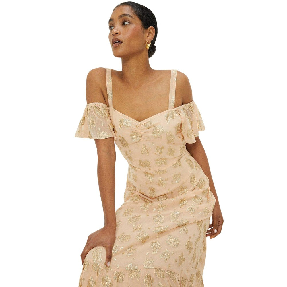 Peach - Lifestyle - Dorothy Perkins Womens-Ladies Metallic Cold Shoulder Midi Dress