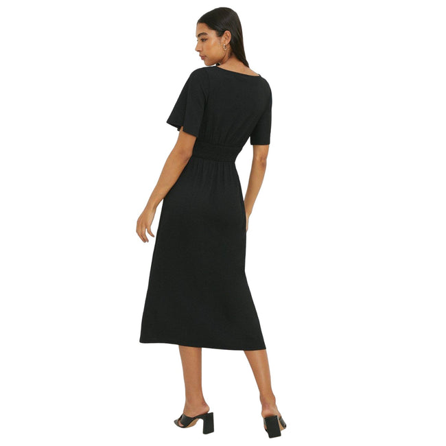 Black - Back - Dorothy Perkins Womens-Ladies Shirred Waist Short-Sleeved Midi Dress