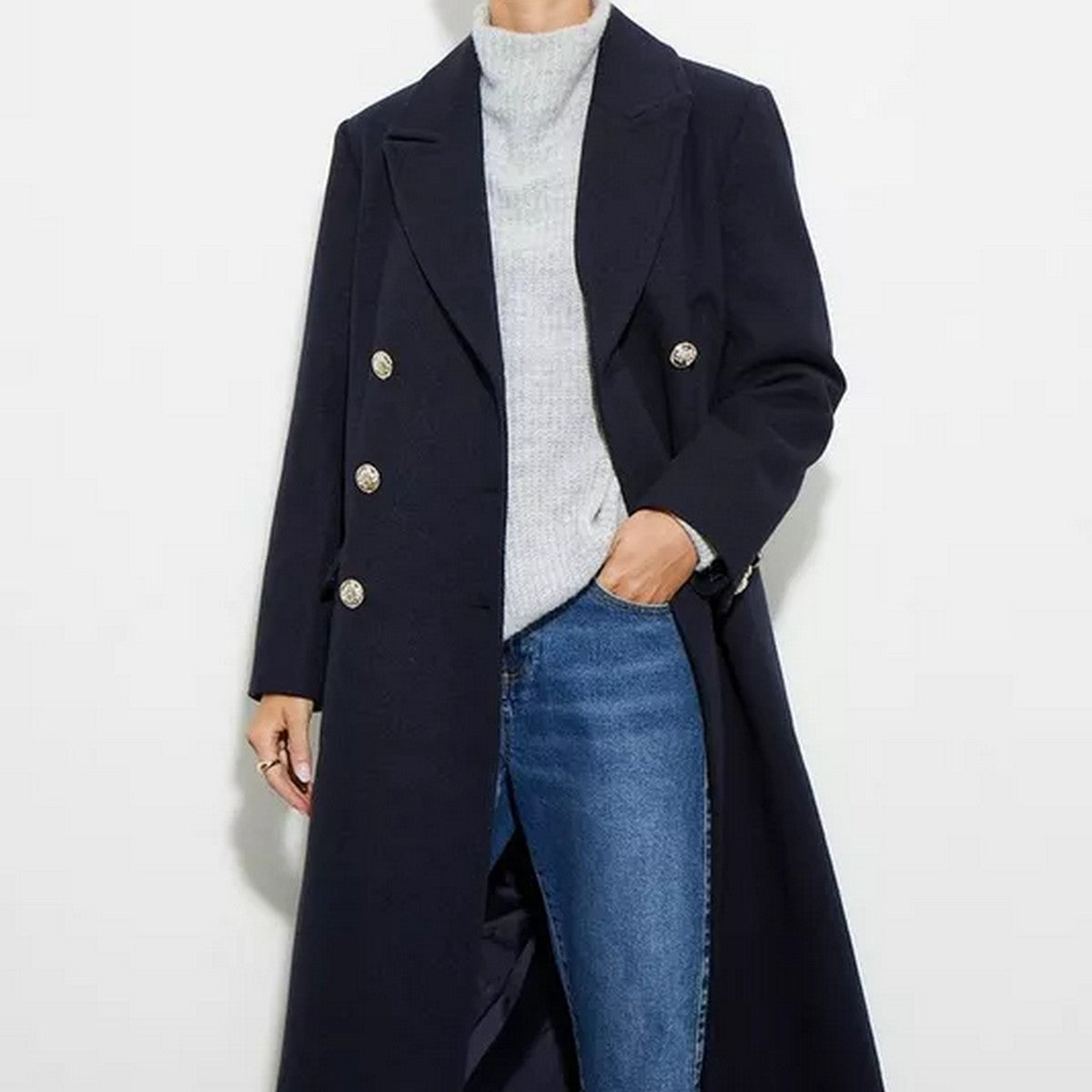 Navy - Close up - Dorothy Perkins Womens-Ladies Longline Military Button Petite Coat