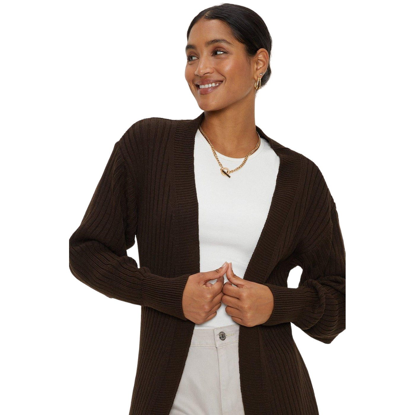 Mocha - Side - Dorothy Perkins Womens-Ladies Ribbed Knitted Midi Puff Sleeve Cardigan