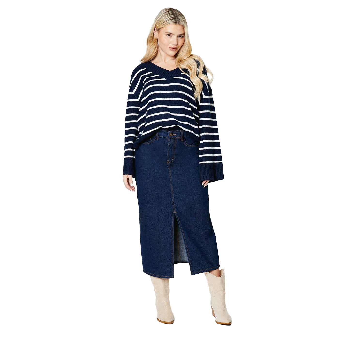 Navy - Pack Shot - Dorothy Perkins Womens-Ladies Stripe Knitted V Neck Jumper