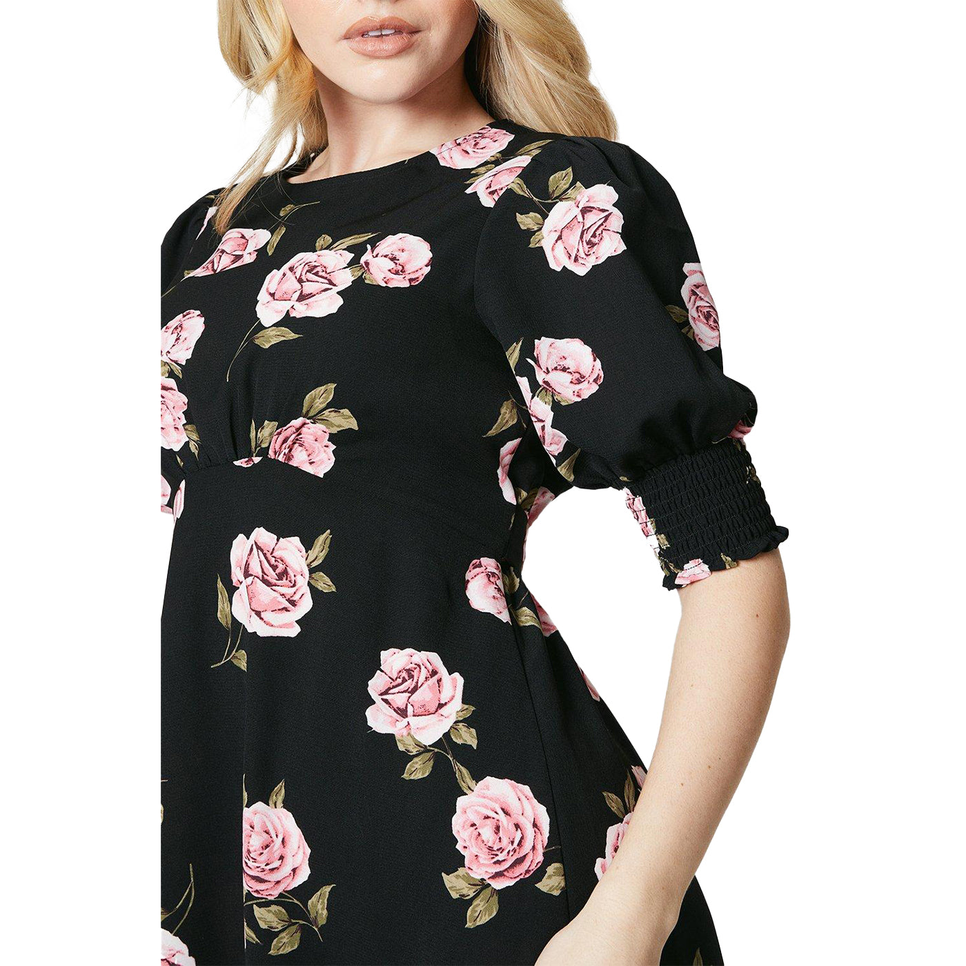 Black-Pink-Green - Lifestyle - Dorothy Perkins Womens-Ladies Roses Shirred Cuff Midi Dress