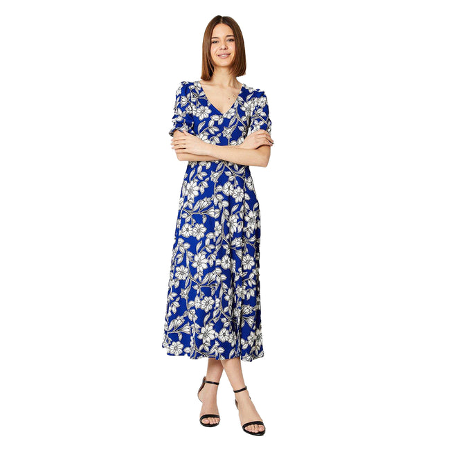 Blue-White - Front - Dorothy Perkins Womens-Ladies Floral V Neck Midi Dress