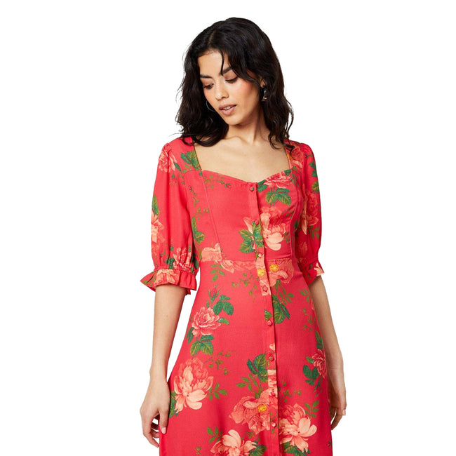Red - Side - Dorothy Perkins Womens-Ladies Floral Button Through Petite Midi Dress