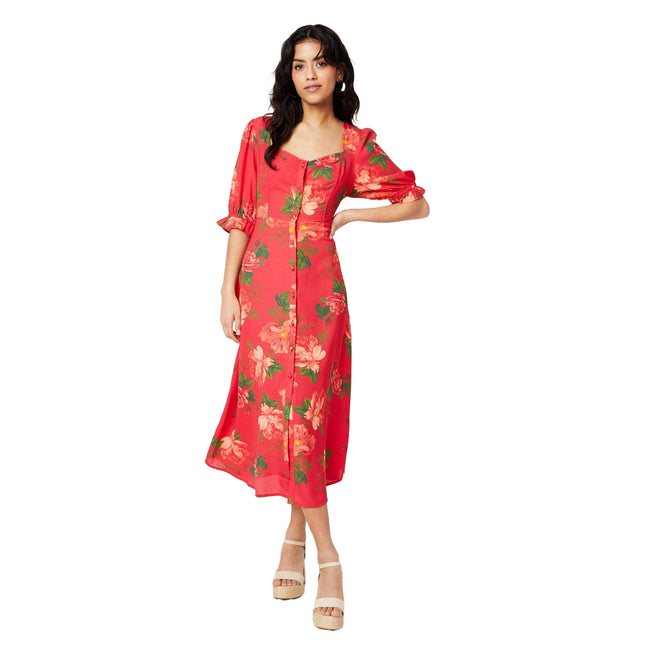 Red - Front - Dorothy Perkins Womens-Ladies Floral Button Through Petite Midi Dress