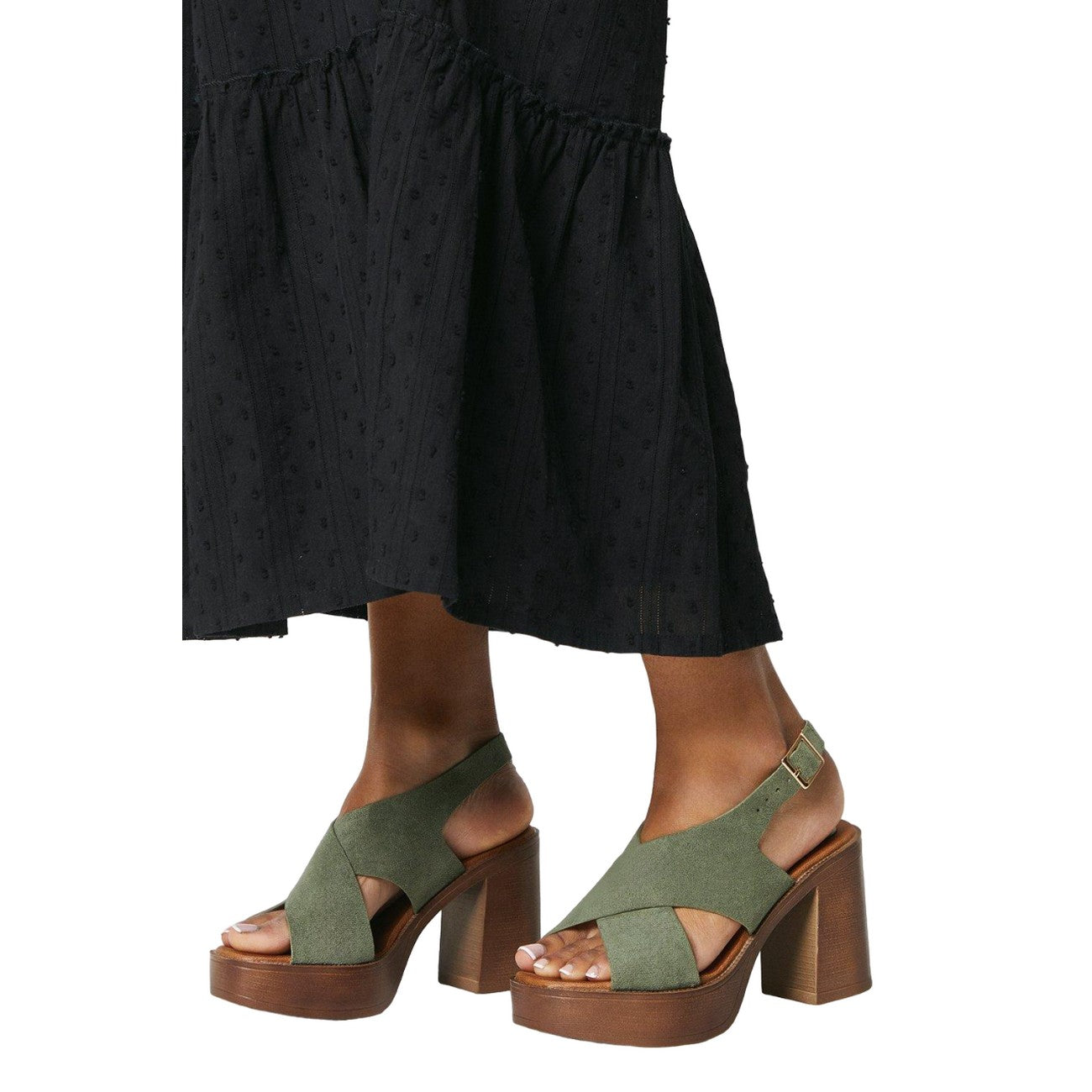 Green - Side - Faith Womens-Ladies Ettie Crossover Strap High Block Heel Sandals