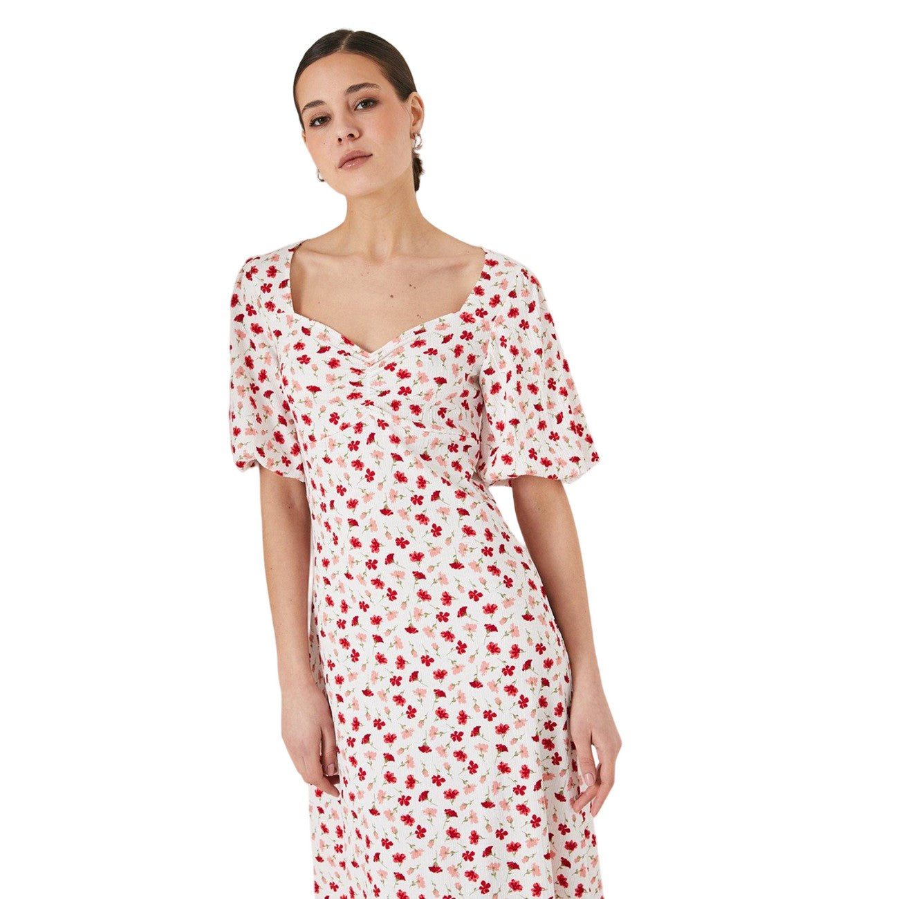 Ivory - Lifestyle - Dorothy Perkins Womens-Ladies Ditsy Print Ruched Front Puff Sleeve Midi Dress