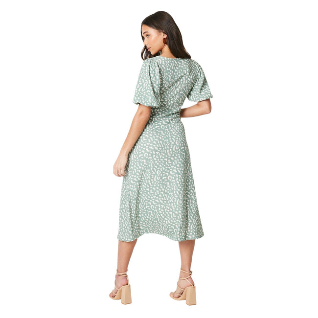 Green - Back - Dorothy Perkins Womens-Ladies Animal Print Ruched Front Petite Puff Sleeve Midi Dress