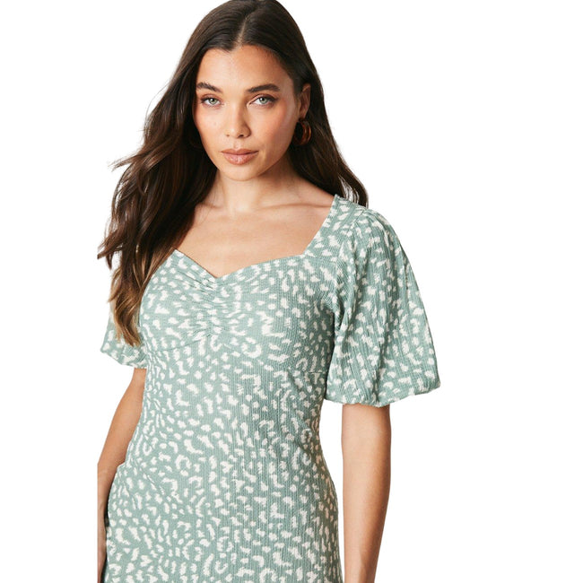 Green - Side - Dorothy Perkins Womens-Ladies Animal Print Ruched Front Petite Puff Sleeve Midi Dress