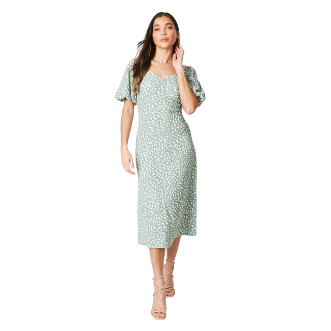 Green - Lifestyle - Dorothy Perkins Womens-Ladies Animal Print Ruched Front Petite Puff Sleeve Midi Dress