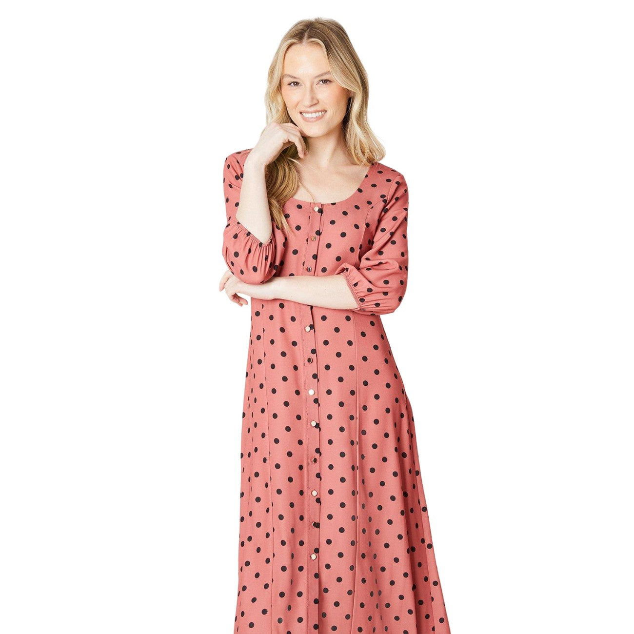 Pink - Side - Dorothy Perkins Womens-Ladies Kitty Polka Dot Button Detail 3-4 Sleeve Midi Dress