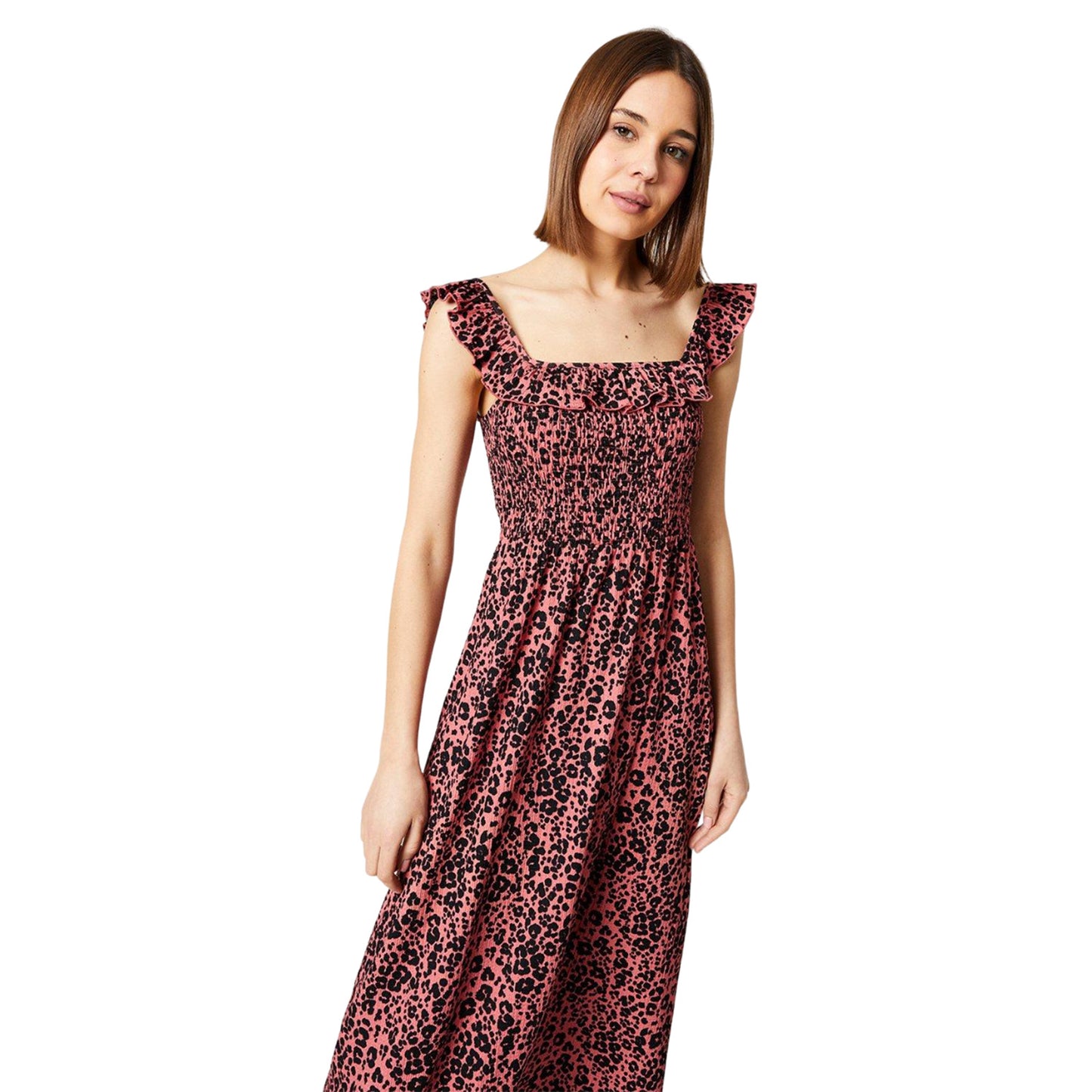 Pink-Black - Side - Dorothy Perkins Womens-Ladies Animal Print Shirred Midi Dress