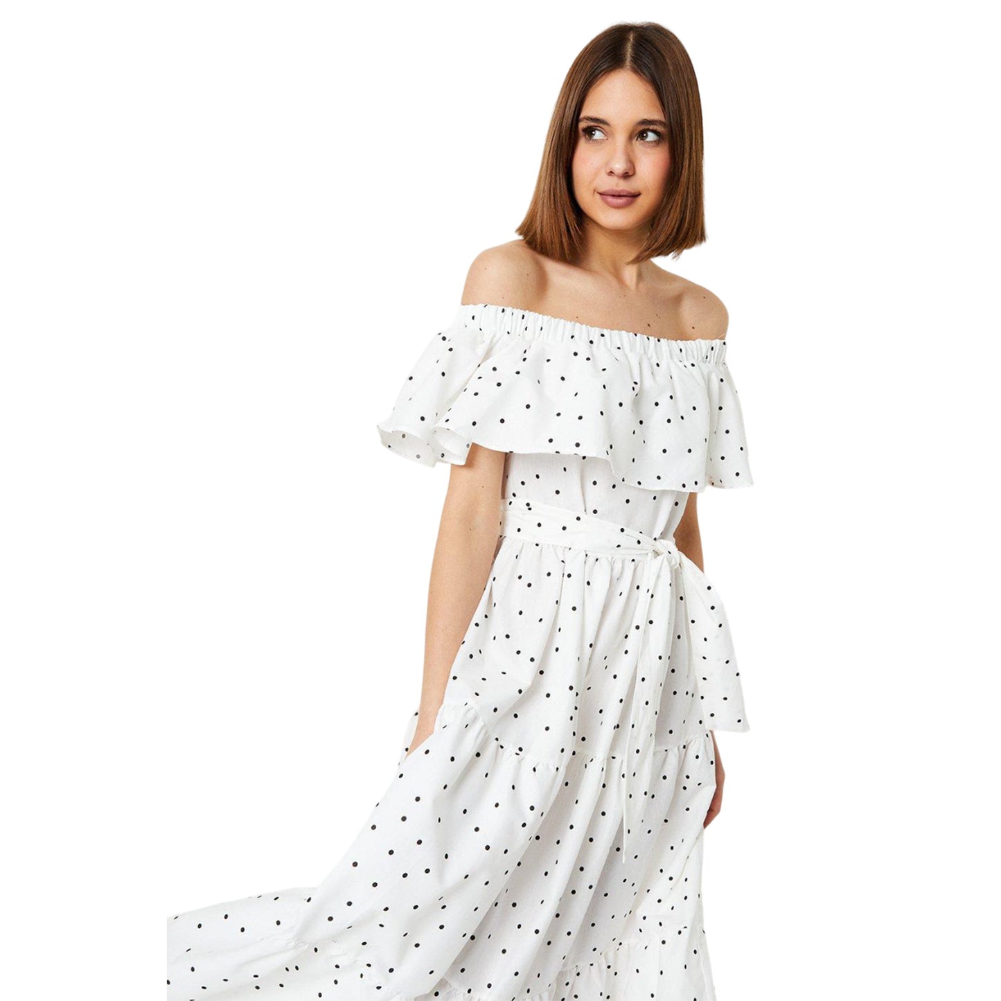 Ivory - Side - Dorothy Perkins Womens-Ladies Spotted Bardot Midi Dress