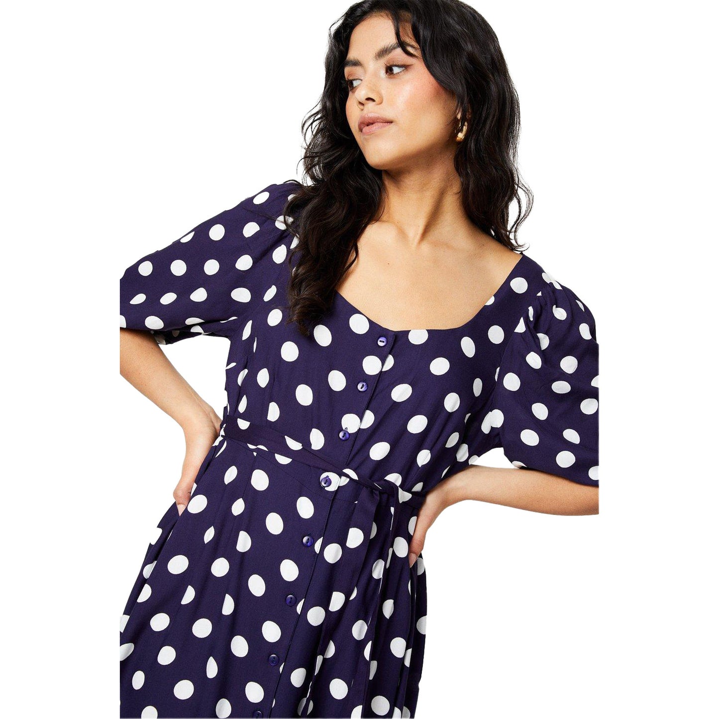 Navy - Side - Dorothy Perkins Womens-Ladies Polka Dot Button Through Petite Midi Dress