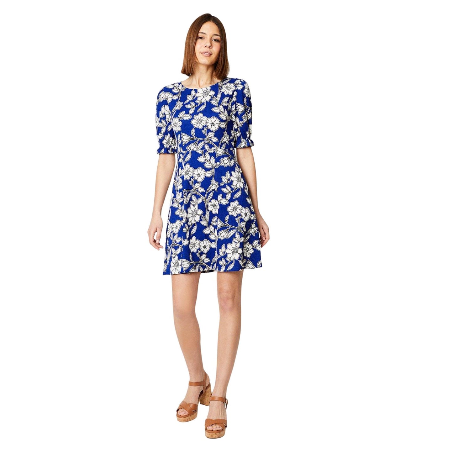 Blue-White - Side - Dorothy Perkins Womens-Ladies Floral Short-Sleeved Mini Dress