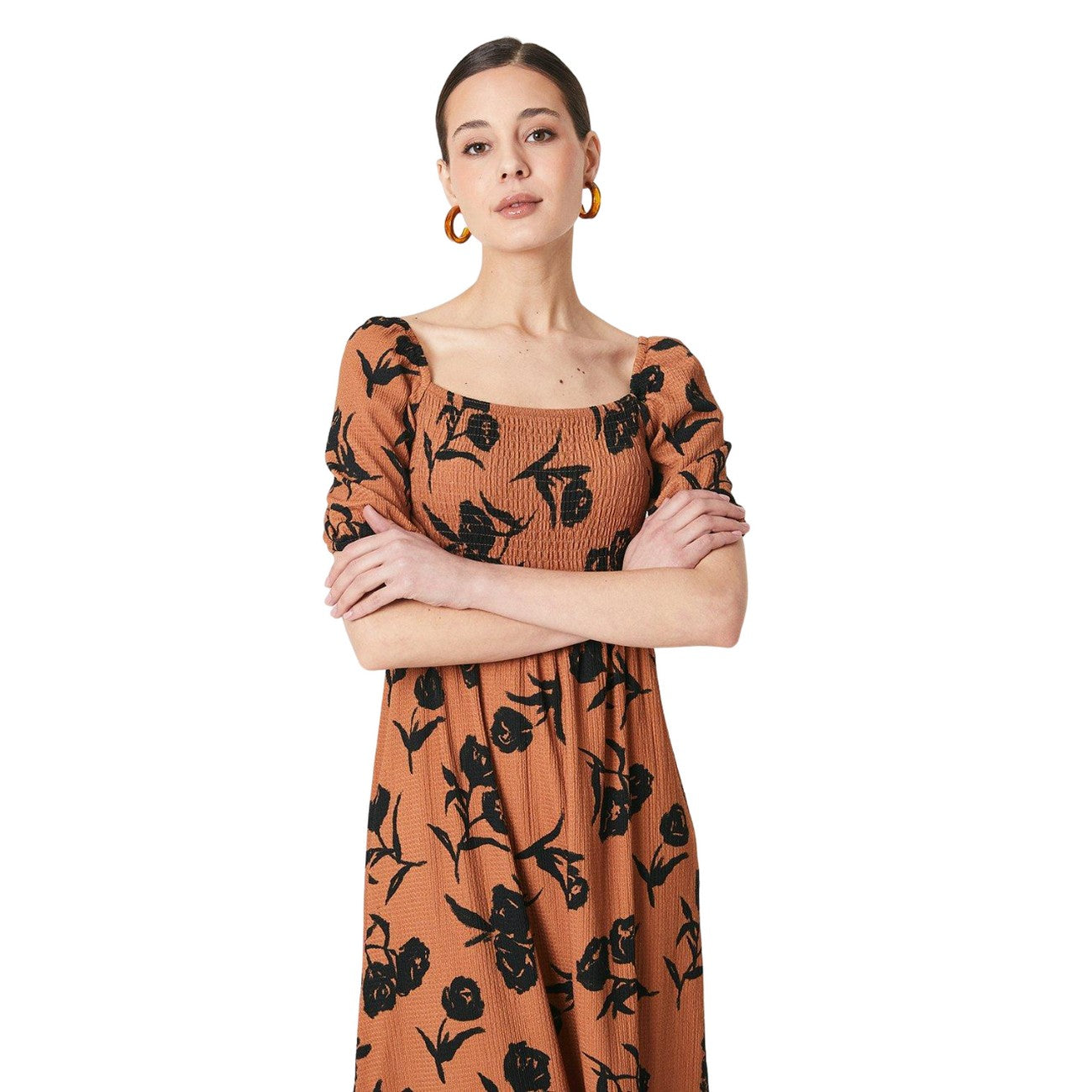 Orange-Black - Lifestyle - Dorothy Perkins Womens-Ladies Floral Shirred Midi Dress
