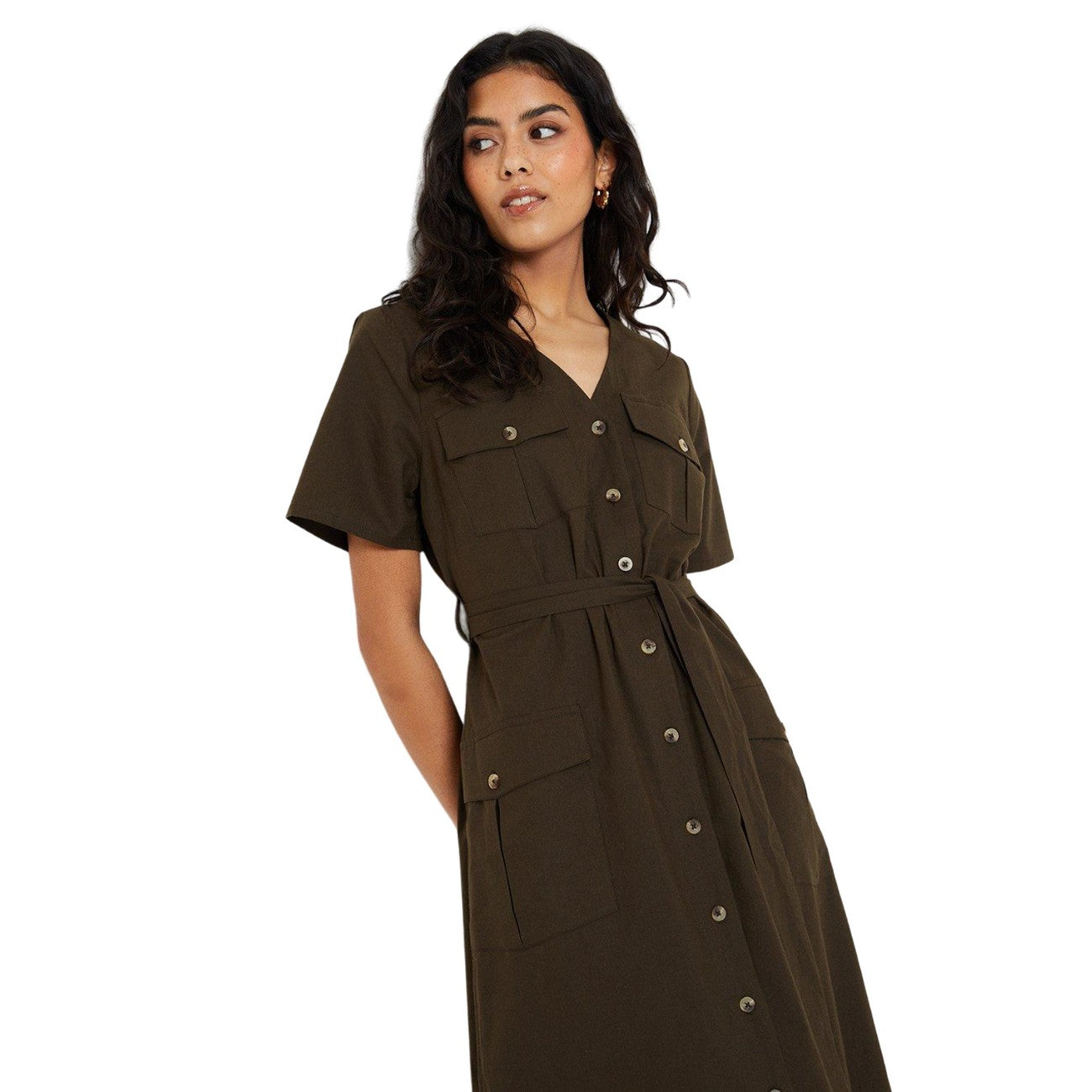 Khaki - Side - Dorothy Perkins Womens-Ladies Utility Petite Midi Shirt Dress