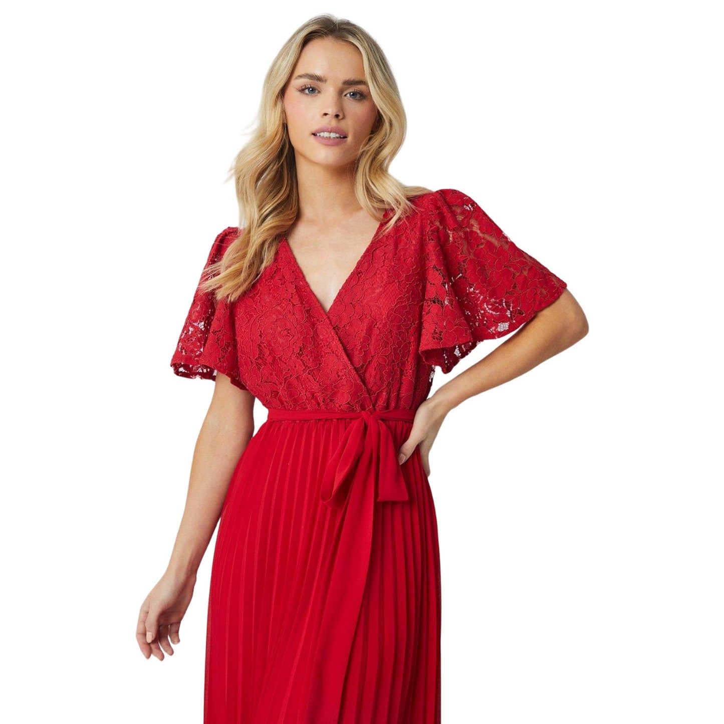 Red - Side - Dorothy Perkins Womens-Ladies Lace Pleated Petite Maxi Dress
