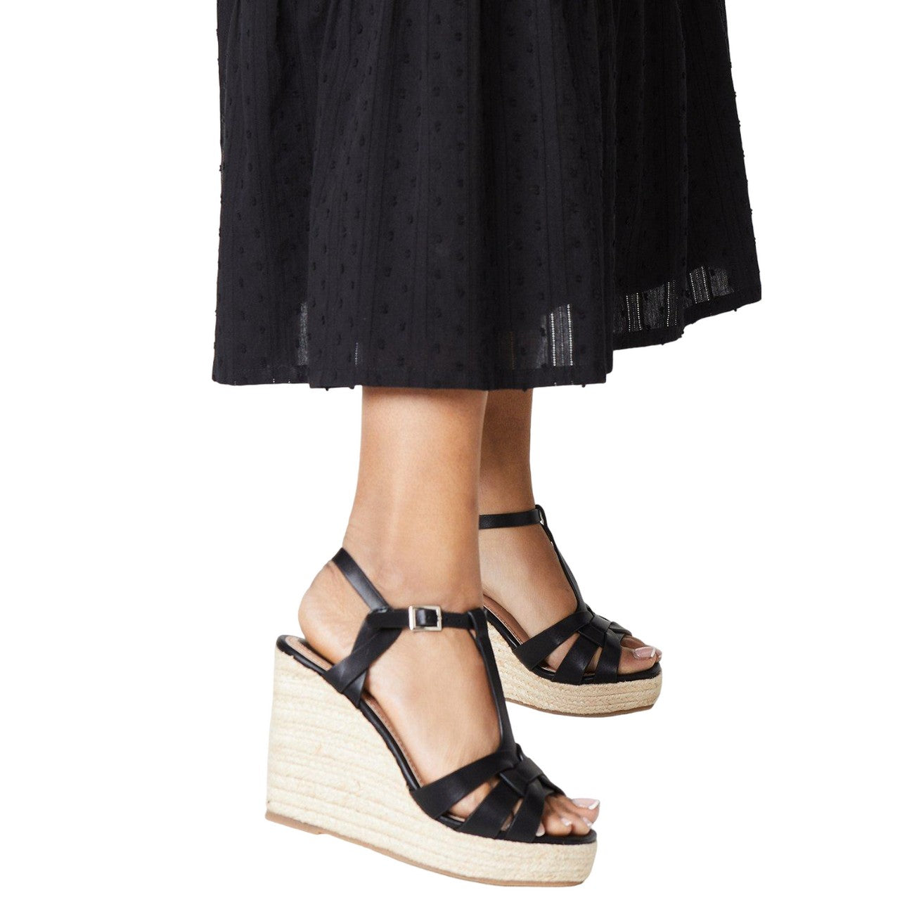 Black - Side - Faith Womens-Ladies Hattie T-Bar High Wedge Wedge Sandals
